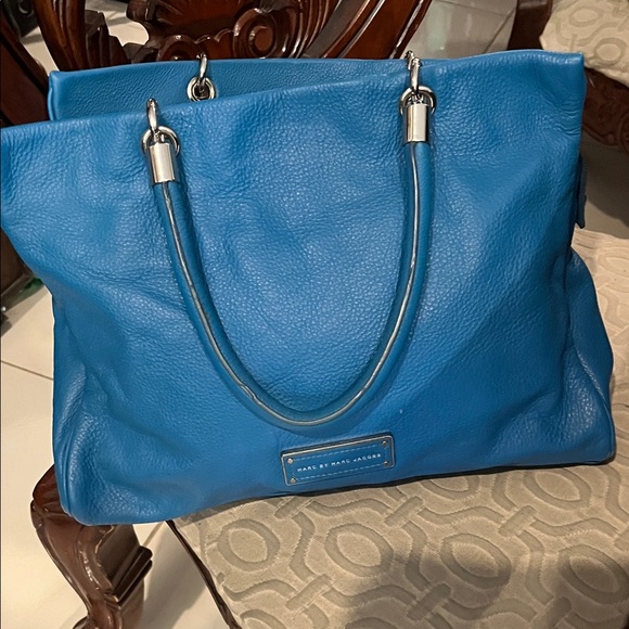 Marc Jacobs LEATHER Blue Tote Bag Large Purse silver hardware - Picture 1 of 11